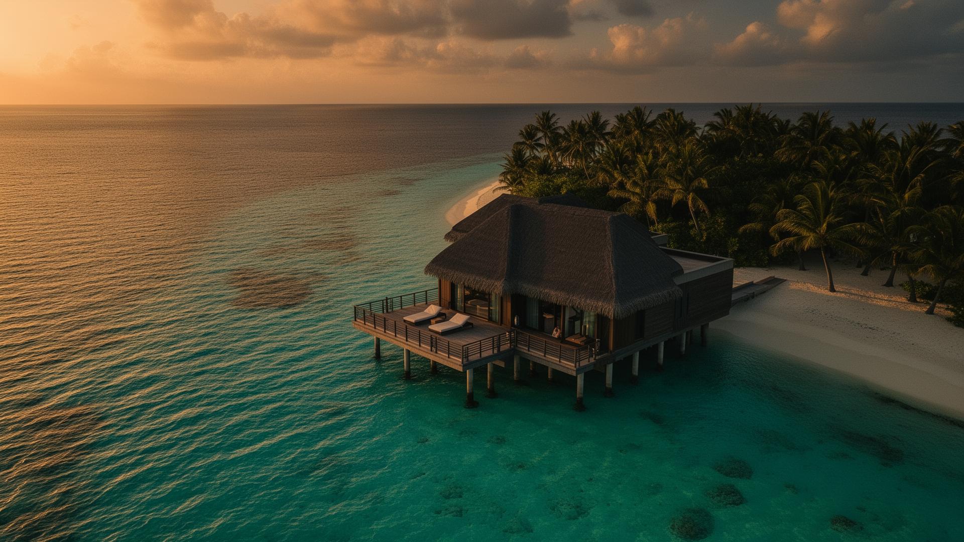 Villa de lujo sobre el agua al atardecer